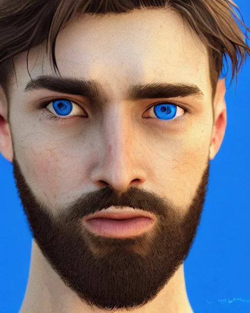 Image similar to portrait of a man in his mid - twenties with blue eyes, short dark blond hair, short beard, ultra realistic, epic, highly detailed, hd, sharp focus, cinematic lighting, realistic, dreamy, vivid colors, dreary, morose, matt painting, digital art, non blurry, sharp, artstation, concept art, smooth, illustration