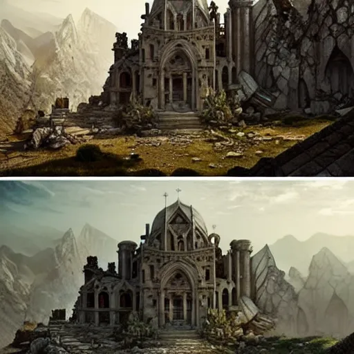 Image similar to concept art of a ruined post - apocalyptic monastery at the top of a mountain, ultra realistic, concept art, intricate details, eerie, highly detailed, photorealistic, octane render, 8 k, unreal engine. art by artgerm and greg rutkowski and alphonse mucha