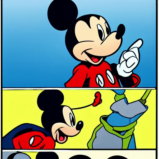 Image similar to Mickey Mouse talking with Master Splinter from TMNT, Disney style,