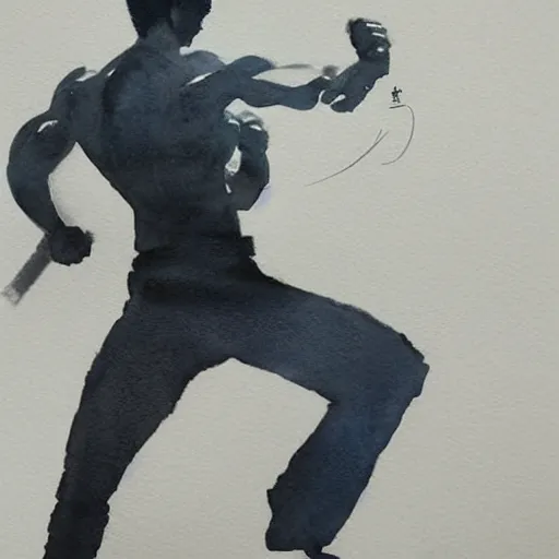 Prompt: watercolor painting, bruce lee stands on the great wall, showing strong muscles, sharp eyes, and posing in a classic pose by yoji shinkawa, the maple leaves outside the great wall are gorgeous ， pencil art, detailed, handsome, colored, bloody