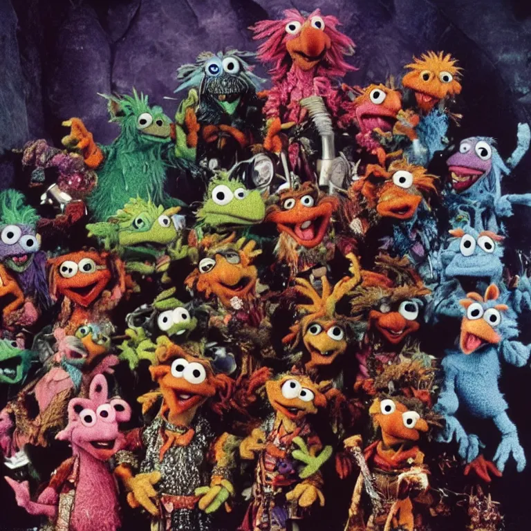 Prompt: fraggles discover an ancient evil city deep beneath fraggle rock, lovecraftian cosmic horror, 1 9 8 0 s, vhs, still frame