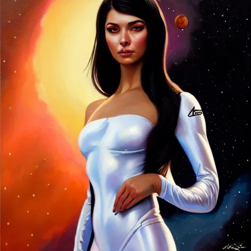 Image similar to a portrait of a very beautiful woman in a spacesuit, Alexandria\'s genesis, shoulder-length black hair, bored, illustration, soft lighting, soft details, painting oil on canvas by mark arian by artgerm, trending on artstation, 4k, 8k, HD