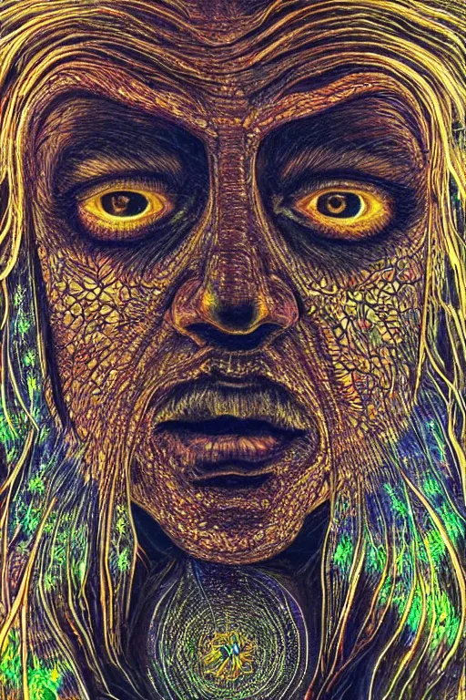 Prompt: beautiful dark portrait of one Bioluminescent old shaman, with cracked fractal semi-transparent skin. multicolored fish scales, closeup. long dark hair with insects and plant leaves. at night, realistic. intricate, very detailed, by alex grey and Moebius