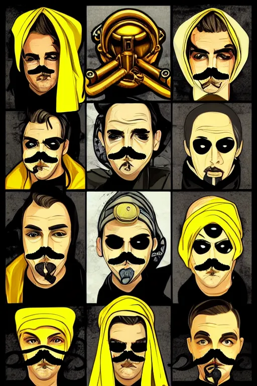 Prompt: saints street gang wear yellow bandanas, and some of them have thick mustaches, full body portrait, artgrem, illustration, concept art, pop art style, dynamic comparison, fantasy, bioshock art style, gta chinatowon art style, hyper realistic, face and body features, without duplication noise, hyperdetails, differentiation, sharp focus, intricate