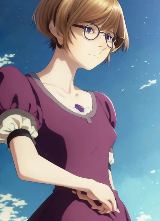 Image similar to Painting of grown-up Velma Dinkley in the style of Violet Evergarden, beautiful anime art style, winged eyelashes, countryside, calm, fantasy character portrait, dark outlines, dynamic pose, above view, sunny day, artwork by Makoto Shinkai, very coherent asymmetrical artwork, sharp edges, perfect face, simple form, 100mm