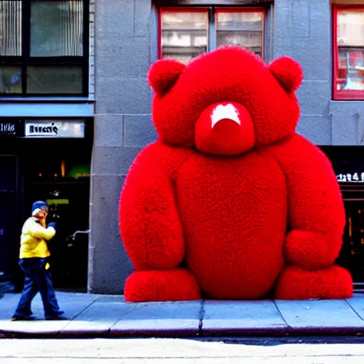 Image similar to large red bear on a street in new york city in the style of yves tanguy