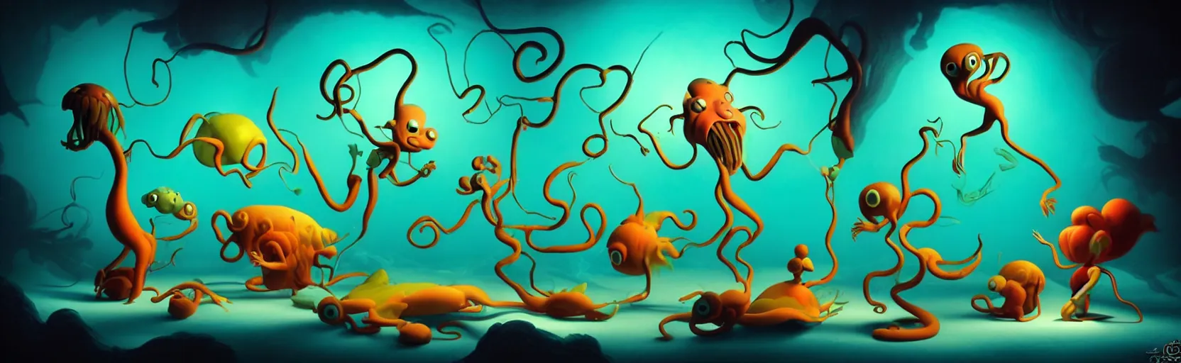 Image similar to whimsical unanny creatures from the depths of imaginal sea, dramatic lighting, surreal fleischer cartoon characters