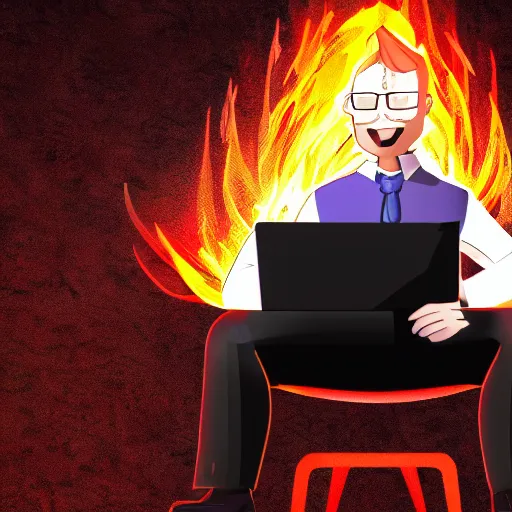 Prompt: a demon programmer gentleman ~ using a laptop ~ lava background ~ sitting on a chair ~, 4 k, ultra hd