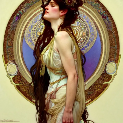 Image similar to carol burnette as the goddess of bliss, fantasy, d & d, intricate, detailed, by by alphonse mucha, adolfo hohenstein, alice russell glenny, stanley artgerm lau, greg rutkowski, detailed, trending on artstation, trending on artstation, smooth