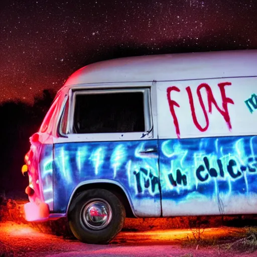 Prompt: photograph of creepy van at night with free candy written on it