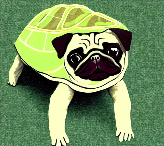 Prompt: a cute pug wearing a cute turtle outfit, digital art, colourful