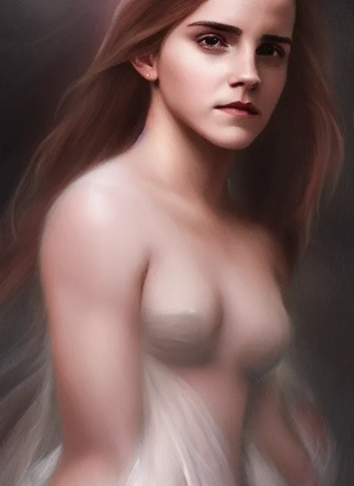 Image similar to emma watson as nature magic celestial, long hair, pink and white, transparent cloth, space, D&D, shiny background, intricate, elegant, highly detailed, digital painting, artstation, concept art, smooth, sharp focus, illustration, artgerm, bouguereau