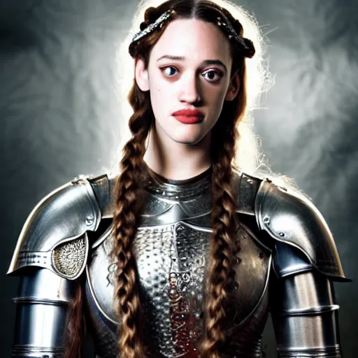 Prompt: full body portrait of a female knight, young kat dennings, golden etched armor, lord of the rings, she is happy, radiant, celtic hair braid, eldritch ruby amulet, by artgerm, she is wearing a silver helmet, alphonse mucha, face detail, sharp focus, high key lighting, vogue fashion photo