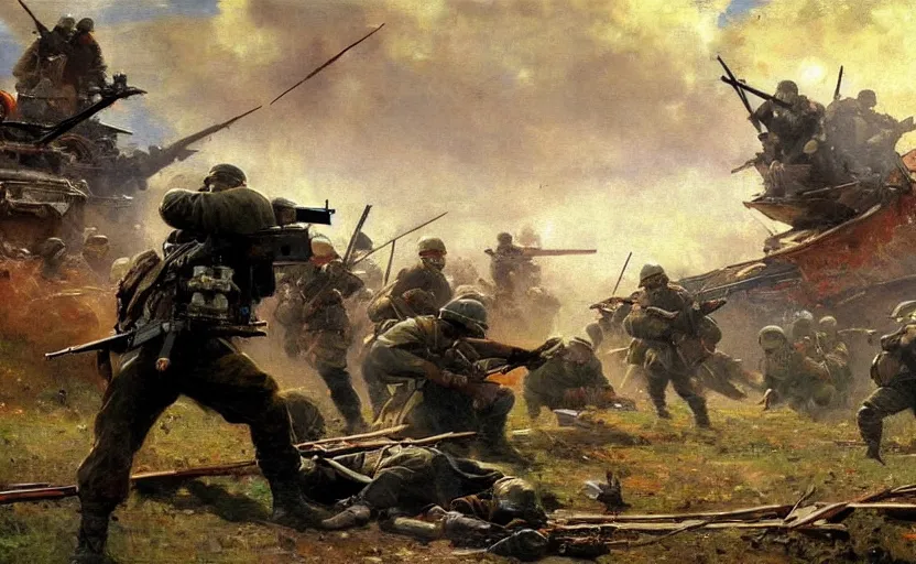 Image similar to high quality high detail painting by ilya repin, frontline, world war 3, hd