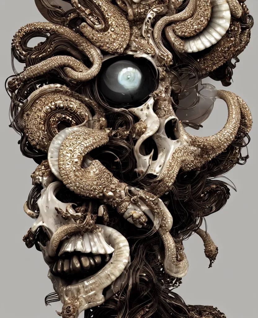 Image similar to goddess princess face close-up portrait ram skull. sculpture made of polished gold and matte obsidian. jellyfish phoenix head, nautilus, orchid, skull, betta fish, bioluminiscent creatures, intricate artwork by Tooth Wu and wlop and beeple. octane render, trending on artstation, greg rutkowski very coherent symmetrical artwork. cinematic, hyper realism, high detail, octane render, 8k