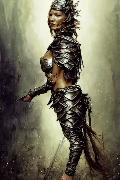 Prompt: kate moss, warrior, partially clothed in metal battle armor, lord of the rings, tattoos, decorative ornaments, by carl spitzweg, ismail inceoglu, vdragan bibin, hans thoma, greg rutkowski, alexandros pyromallis, perfect face, fine details, realistic shading, photorealism