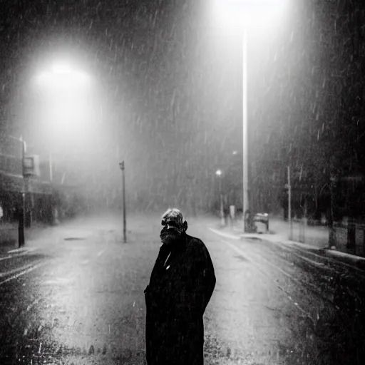 Image similar to Monochrome portrait of an intense old man with facial tattoos on a rainy misty street at night, the only light source is a bright overhead street light, close-up, motion blur, grainy Tri-X pushed to 3200, 24mm tilt-shift, water drops on the lens, holga