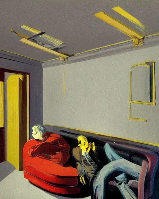 Image similar to old dead couple sitting on a couch and a dark figure crying in the corner with clouds at red and yellow art deco interior room in the style of Francis Bacon and Syd Mead, open ceiling, highly detailed, painted by Francis Bacon and Edward Hopper and Beksiński, painted by James Gilleard, surrealism, airbrush, very coherent, triadic color scheme, art by Takato Yamamoto and James Jean