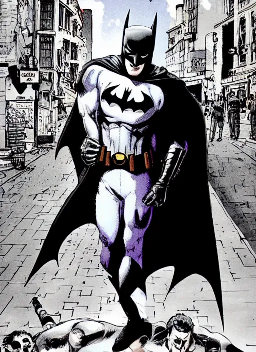 Image similar to Batman walking on street ，holding the Joker's head in his hand