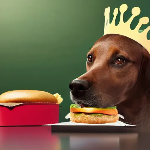 Image similar to a dog eating a big mac while wearing a burger king crown, award winning photography