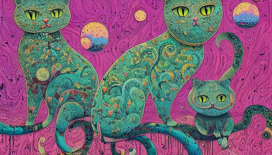 Image similar to highly detailed contemporary acrylic painting of really tall sitting cats by joe fenton, thick brush strokes and visible paint layers, dense overgrown forest background, vivid pastel color scheme