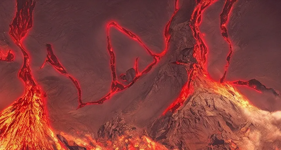 Image similar to a volcano made of ivory vines and crimson rocks enters in eruption, it spits a smoke in the shape of demonic eye, from Guild Wars