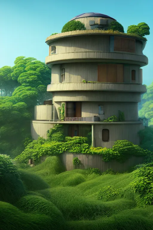 Image similar to cylindrical house, solarpunk, studio ghibli, jean - baptiste monge, octane render, 4 k