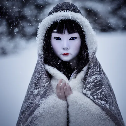 Prompt: the piercing stare of yuki onna, snowstorm, blizzard, mountain snow, canon eos r 6, bokeh, outline glow, beauty