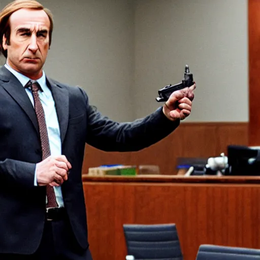 Image similar to saul goodman holding a handgun inside a courtroom, wide shot