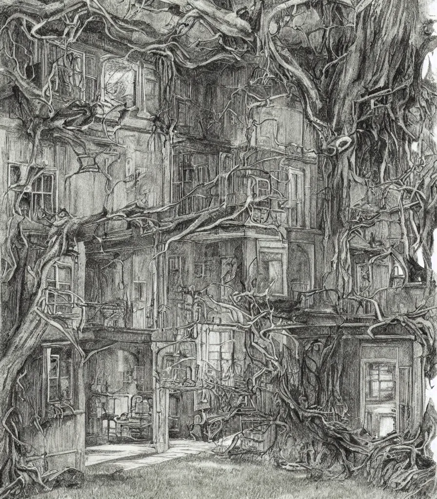 Prompt: southern plantation mansion hanging moss abandoned decay illustration by maurice sendak