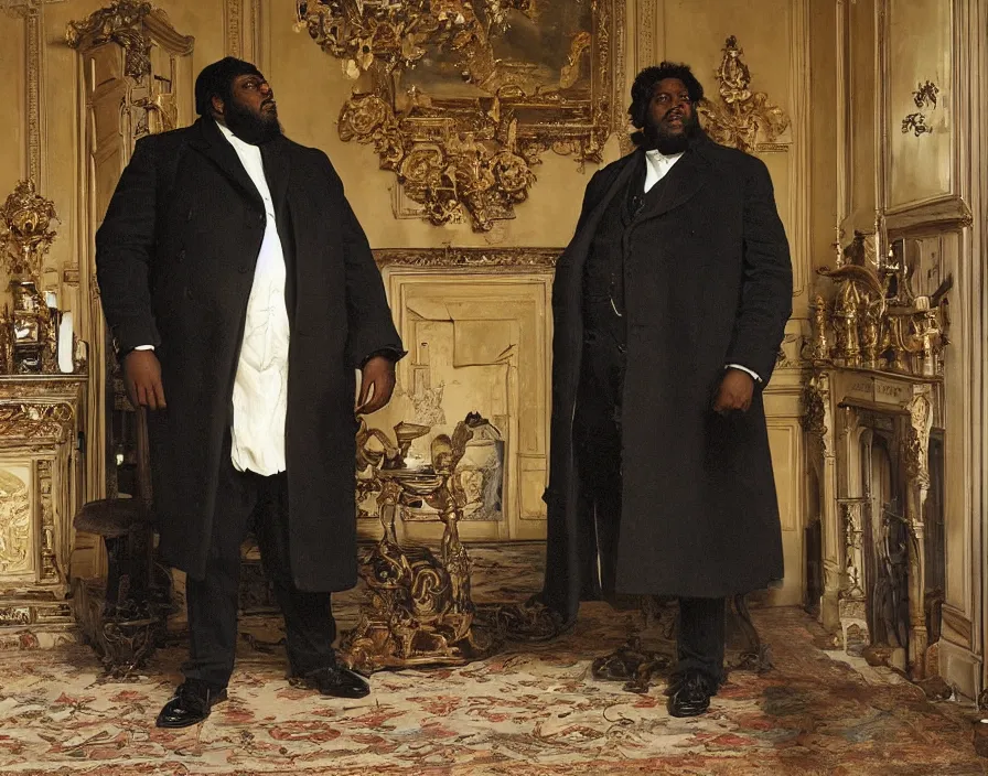 Prompt: a large black man wearing an overcoat and knee-length black boots stands in the living room of a beautiful ornate baroque English mansion, adebanji alade, lawrence alma-tadema, george goodwin kilburne