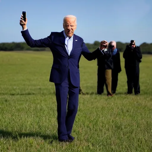 Prompt: joe biden standing on a grass field whilest presenting a phone and screaming.