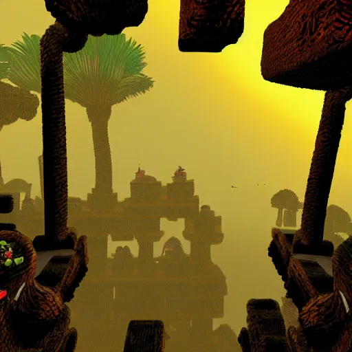 Prompt: photo of a sunset inside the first level of donkey kong country ( 1 9 9 4 ), soft focus, long exposure