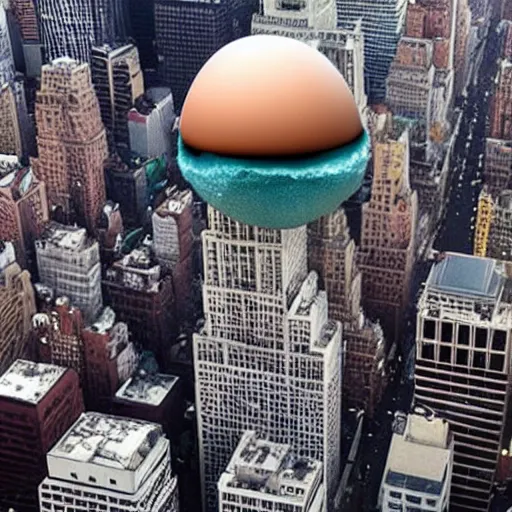 Prompt: photo of giant egg floating over New York City, aerial view