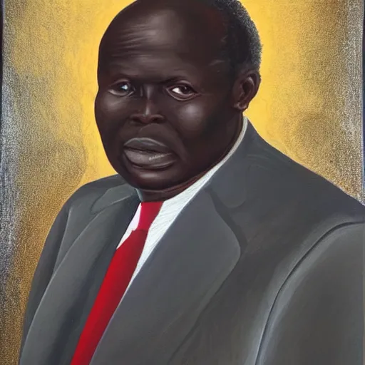 Prompt: a painting of a loving, caring fatherly wide forehead, aquiline nose, round face, XXL , generous, ever-present, humble, wise elder from Kenya in a silver suit and red tie by Wangechi Mutu . Fatherly/daddy, focused, loving, leader, relaxed. Gold background, heavenly lights, details, smooth, sharp focus, illustration, realistic, cinematic, artstation, award winning, rgb , unreal engine, octane render, cinematic light, macro, depth of field, blur, light and clouds, highly detailed epic cinematic concept art CG render made in Maya, Blender and Photoshop, octane render, excellent composition, dynamic dramatic cinematic lighting, aesthetic, very inspirational, arthouse.