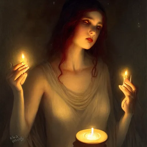 Image similar to pale young ghost girl, dark hair, by tom bagshaw, by gaston bussiere, candlelight