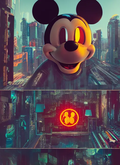 Image similar to giant destroyed head of cyberpunk mickey mouse, inside of netflix office, by beeple, dystopia, golden ratio, octane render, unreal engine 5, trending on artstation, 8 k