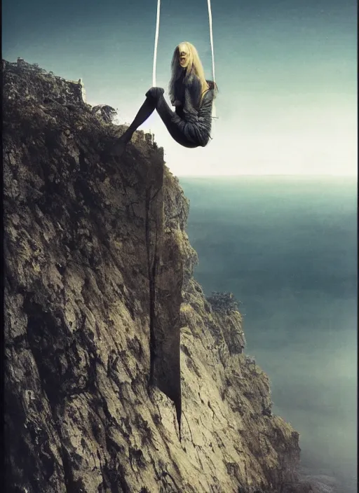 Image similar to close-up portrait action shot of Nicole Kidman hanging from a cliff ridge, Les Edwards, Zdzislaw Beksinski, Carl Gustav Carus, John Harris, Michal Karcz, Zhang Kechun, Mikko Lagerstedt, Scott Listfield, Steven Outram, Jessica Rossier