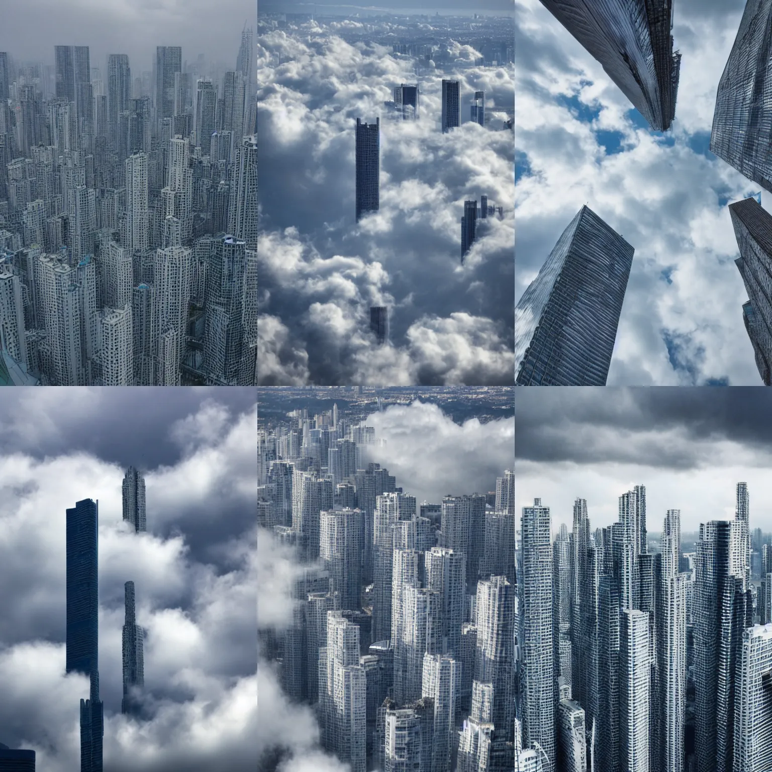 Prompt: infinitely tall buildings piercing the clouds