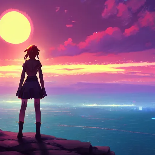 Image similar to A cyborg girl standing on the hill looking at the sea with a sunset in style of Makoto Shinkai and Cyberpunk. ArtStation, 8K, Highly Detailed, Intricate, Album Art.