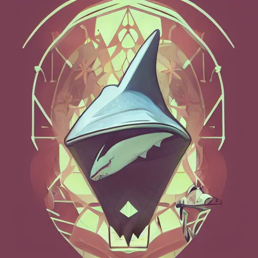 Image similar to shark with a cone on its head - ron cheng & alphonse mucha, highly detailed, digital painting, ray tracing, concept art, illustration, smooth sharp focus, intricate, symmetry, artstation,