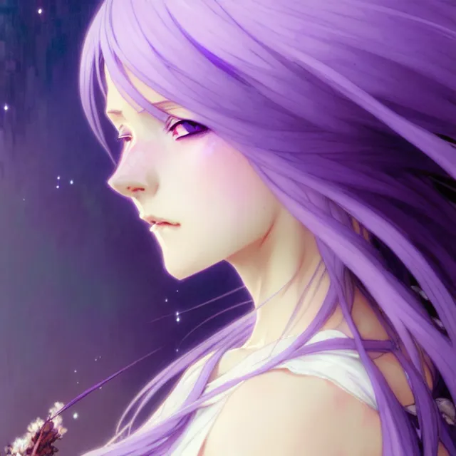 Image similar to anime girl with flowing lavender hair, purple eyes and white dress, profile photo, digital artwork, very beautiful face, extremely detailed art by greg rutkowski and alphonse mucha