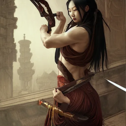 Image similar to painting of dark muscular oiled chinese woman, bloody, carrying a sword, symmetric, ultra realistic, concept art, intricate details, eerie, highly detailed, photorealistic, octane render, 8 k, unreal engine. art by artgerm and greg rutkowski and alphonse mucha