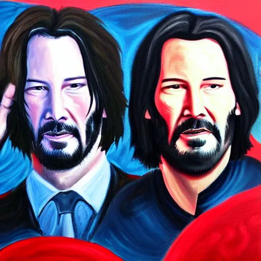 Prompt: a painting of three Keanu Reeves in three different characters that he played including the infamous john wick, oil on canvas