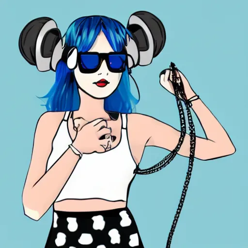 Prompt: goth girl with blue hair, wearing headphones and sunglasses, black short skirt, white tank top, whole body, cartoon style