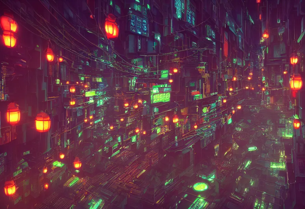 Prompt: a futuristic cyberpunk japanese izayaka alley with neon lights and lanterns, soft glow, intricate, cybernetic, viewed from above, trending on artstation, octane render, unreal engine, colorful, in the style of chris foss, rodger dean, moebius, michael whelan, and gustave dore