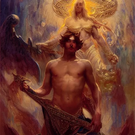 Image similar to attractive male deity casts dark spell, summons handsome lucifer morningstar. highly detailed painting by gaston bussiere, craig mullins, j. c. leyendecker 8 k