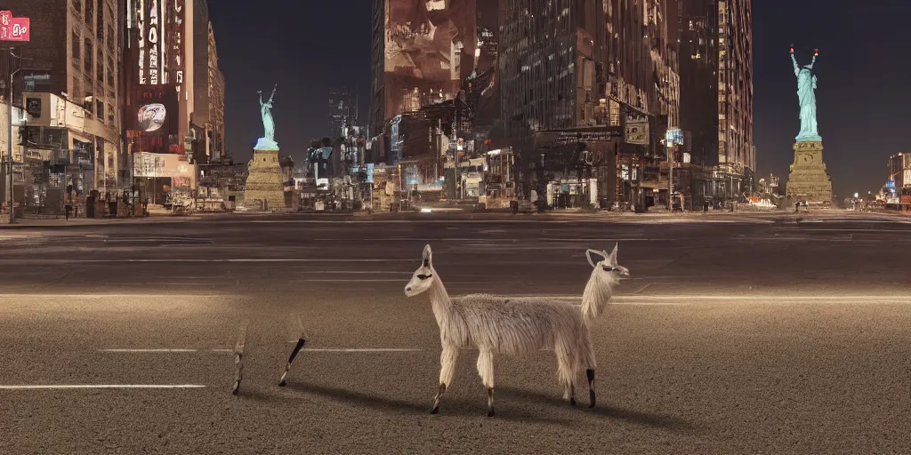 Image similar to a llama walking through a desolate manhattan city street at night, statue of liberty seen in the background, realistic 4 k octane beautifully detailed render, 4 k post - processing, highly detailed, detailed face, intricate complexity, epic composition, magical atmosphere, cinematic lighting, masterpiece, ultra hd