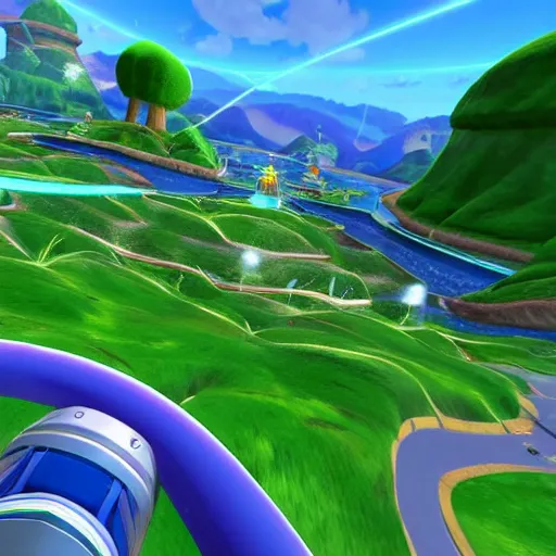 Prompt: Green Hill Zone from the perspective of Sonic