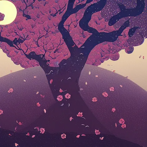 Prompt: a detailed matte landscape painting of a big cherry tree with petals flying in the sky, moonlight, by Victo Ngai, artstation, Detail, HD.